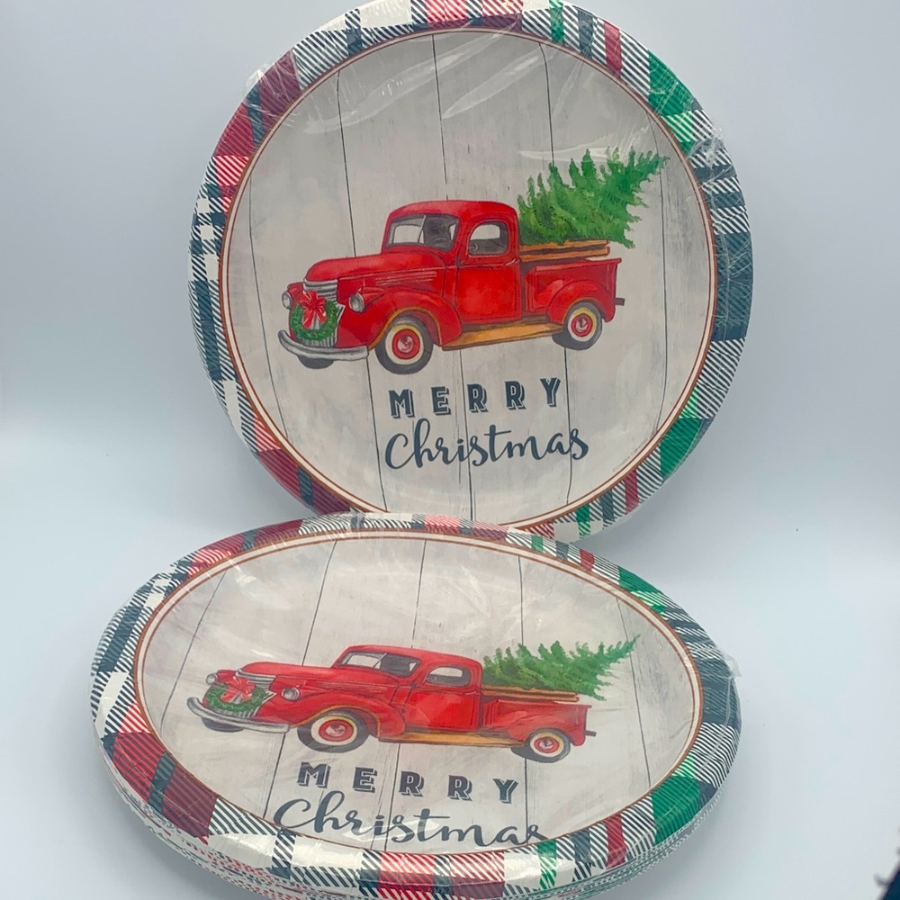 🎄 Red Truck Merry Christmas Paper Plates (2 Packs) - 12 Plates Each 🎄